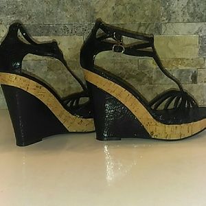 DIBA Black/cork tan platform wedge sandal (7-7.5M)